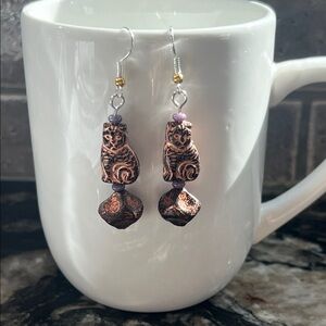 Artisan Copper and Glass Cat Earrings